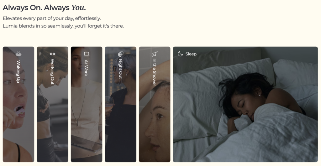 Promotional image from Lumia’s website advertising its “Always On” wearable, designed for continuous 24/7 surveillance and monitoring of users across all daily activities including work, exercise, socializing, showering, and sleep